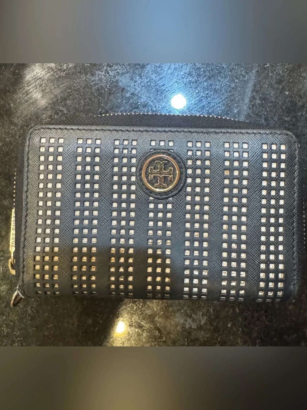 Tory Burch Black Fret-T Zip Continental Wallet